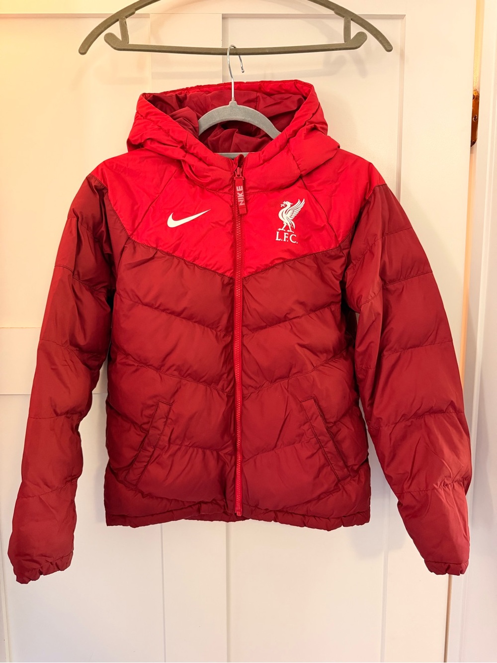 Nike Kids Red Hooded Puffer Jacket with Liverpool FC Crest